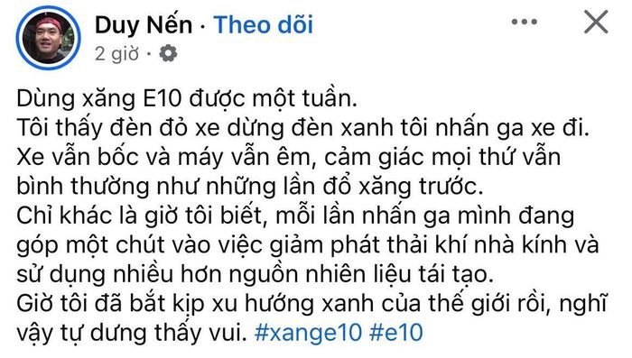 Chia sẻ của một tài khoản Facebook trên trang cá nhân về xăng E10