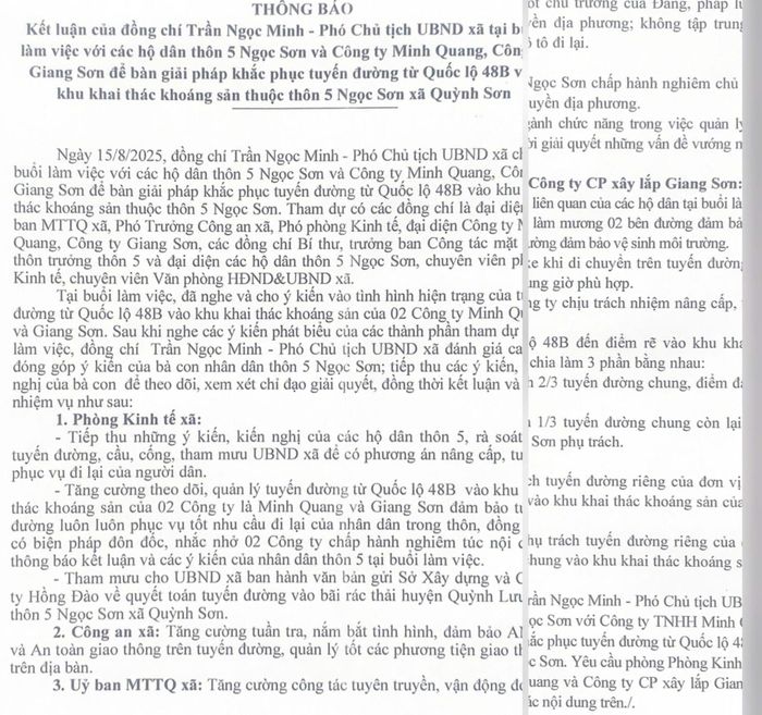 Thông báo số 111/TB-UBND, UBND xã Quỳnh Sơn để bàn giải pháp khắc phục tình trạng xuống cấp của tuyến đường vào bãi xử lý rác thải.