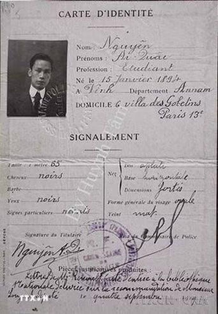 Thẻ căn cước của Nguyễn Ái Quốc ở Paris (Pháp) năm 1919. (Ảnh: Tư liệu/TTXVN phát)