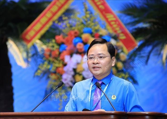 Đồng chí Nguyễn Anh Tuấn, Ủy viên Ban Chấp hành Trung ương Đảng, Chủ tịch Tổng Liên đoàn Lao động Việt Nam phát biểu. Ảnh: Tuấn Anh/TTXVN.