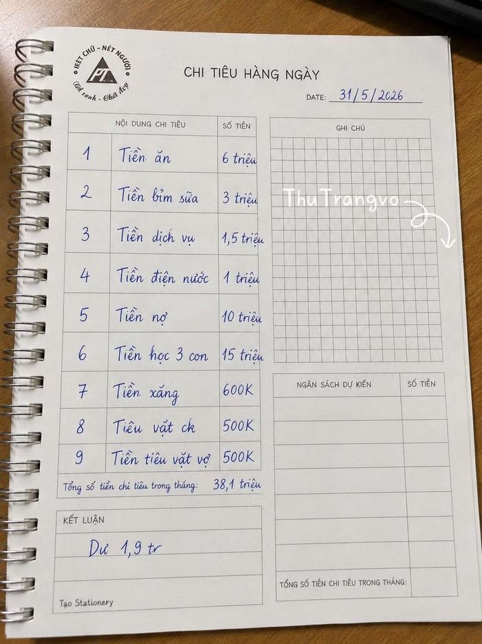 Bảng chi tiêu của gia đình (Nguồn: Facebook Thu Trang Vo)