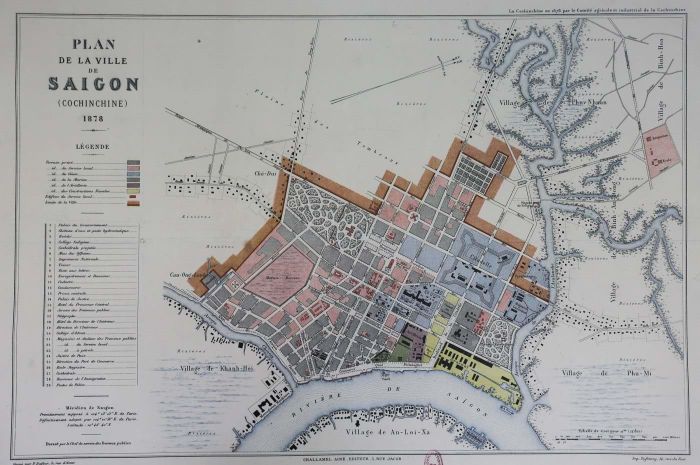 Bản đồ năm 1878, thể hiện chủ yếu phần đô thị ven đoạn giao giữa sông Sài Gòn và kênh Bến Nghé. Ảnh: Tư liệu.