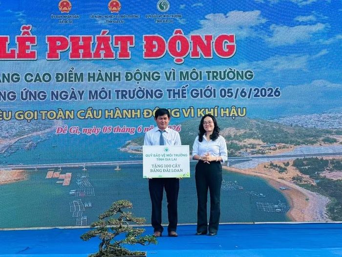  Quỹ Bảo vệ Môi trường tặng xã Đề Gi 100 cây bàng Đài Loan để trồng tại các khu vực công cộng. Ảnh Hồng Thương 