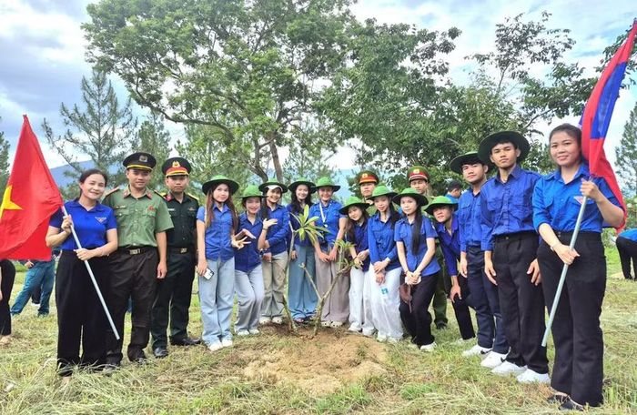  Đoàn viên thanh niên Việt Nam - Lào trồng cây tại khu vực Tượng đài Khởi nghĩa Vĩnh Thạnh. Ảnh: Bích Kiều 