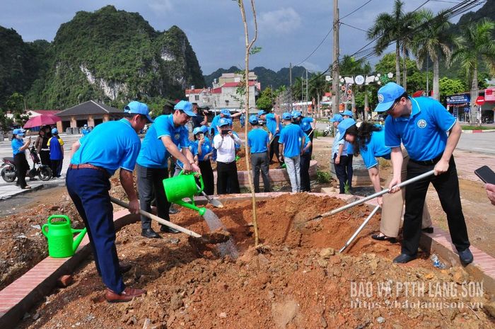 Các đại biểu trồng cây xanh tại khuôn viên tượng đài đồng chí Lương Văn Tri
