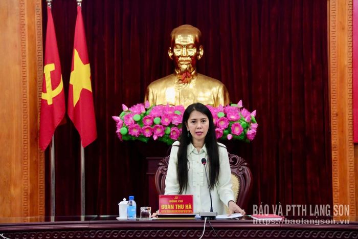 Đồng chí Đoàn Thu Hà, Phó Bí thư Tỉnh ủy, Trưởng Đoàn đại biểu Quốc hội tỉnh, Chủ tịch Ủy ban MTTQ Việt Nam tỉnh phát biểu tại buổi làm việc