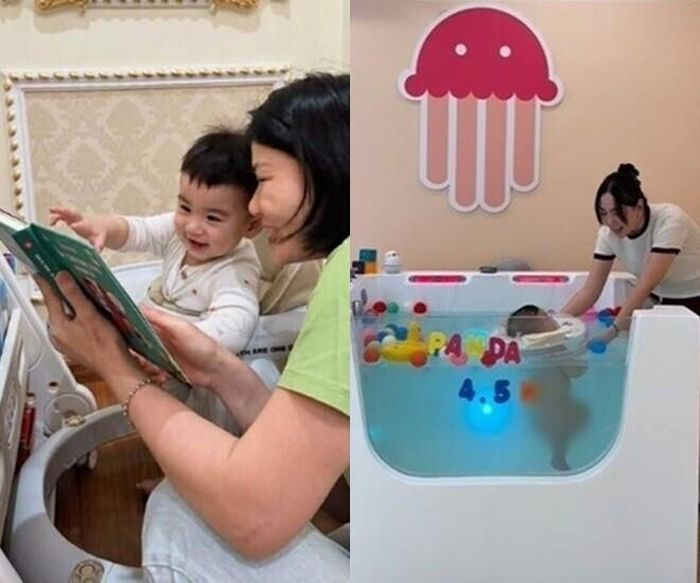 Bé Panda được học bơi, có giáo viên kèm cặp từ sớm.