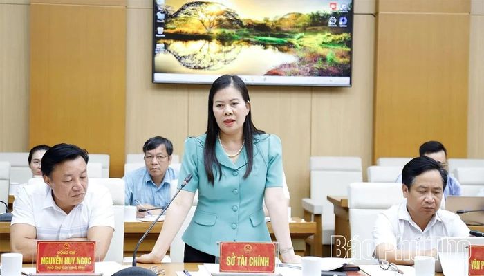 Đồng chí Vương Thị Bẩy - Giám đốc Sở Tài chính phát biểu về phương án cân đối, huy động nguồn ngân sách.