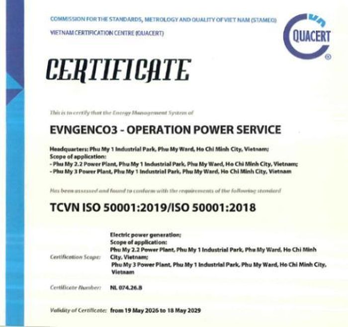 Chứng nhận Hệ thống quản lý năng lượng theo tiêu chuẩn TCVN ISO 50001:2019/ISO 50001:2018 cho Nhà máy điện Phú Mỹ 3 và Phú Mỹ 2.2