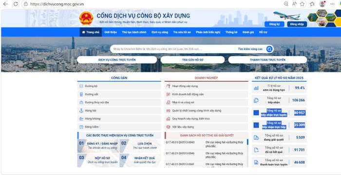 Cổng dịch vụ công Bộ Xây dựng công khai các thủ tục hành chính lĩnh vực xây dựng, giao thông.