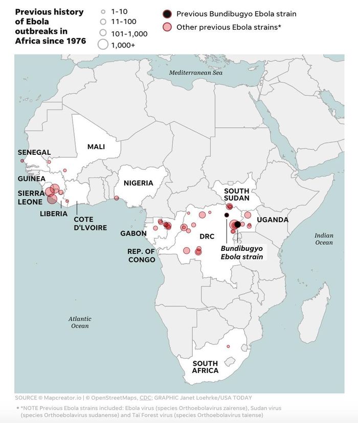 Bản đồ phân bố các đợt bùng phát Ebola tại châu Phi từ năm 1976, cho thấy phần lớn ổ dịch tập trung ở khu vực Trung Phi và Tây Phi; chủng Bundibugyo từng xuất hiện chủ yếu tại Uganda và miền Đông Cộng hòa Dân chủ Congo.