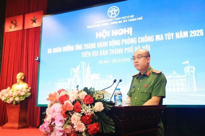 Đại tá Nguyễn Đức Long, Phó Giám đốc Công an thành phố, Phó Trưởng Ban Thường trực Ban Chỉ đạo phòng, chống ma túy TP Hà Nội phát biểu