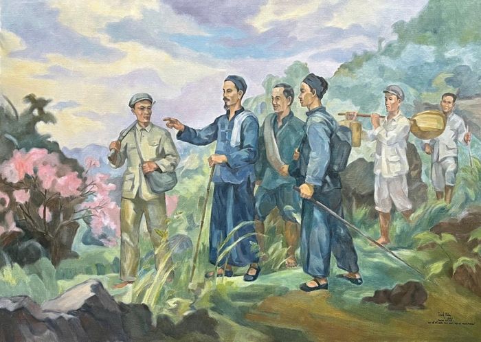 Bác Hồ về nước năm 1941. Tranh Trịnh Phòng, phóng tác Trịnh Nam.