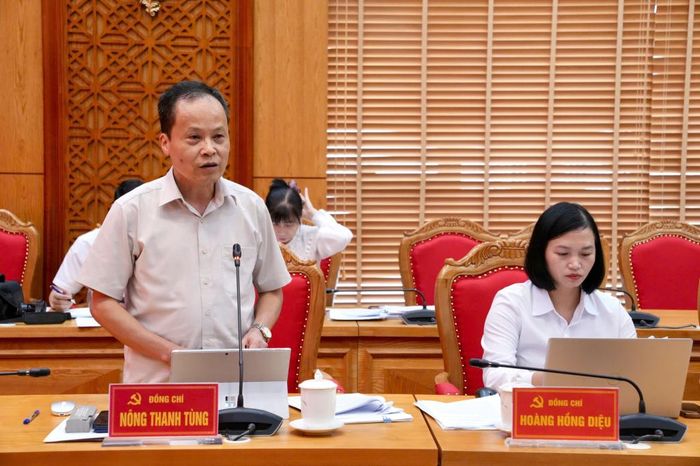 Đồng chí Nông Thanh Tùng, Ủy viên Ban Thường vụ Tỉnh ủy, Trưởng Ban Tuyên giáo và Dân vận Tỉnh ủy phát biểu ý kiến.