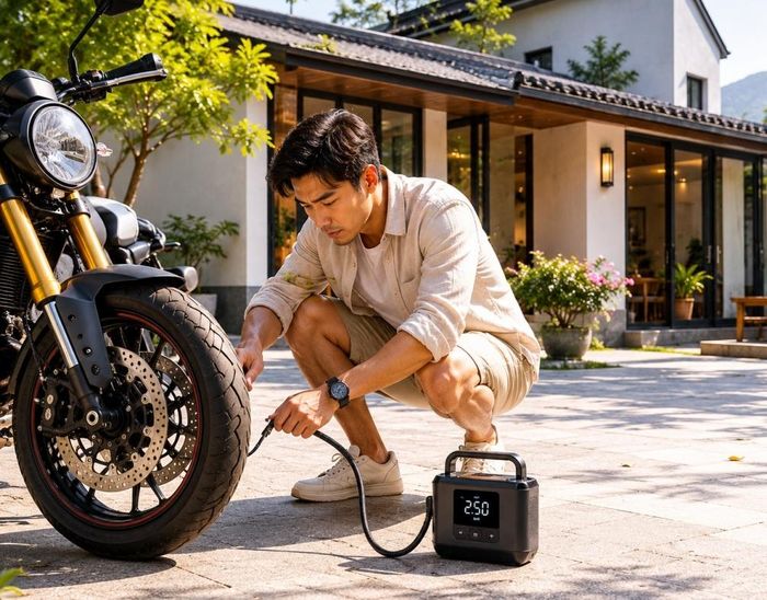 Chỉ cần một chiếc máy bơm cầm tay, bạn hoàn toàn có thể tự bơm xe tại nhà một cách nhẹ nhàng. Ảnh: AI