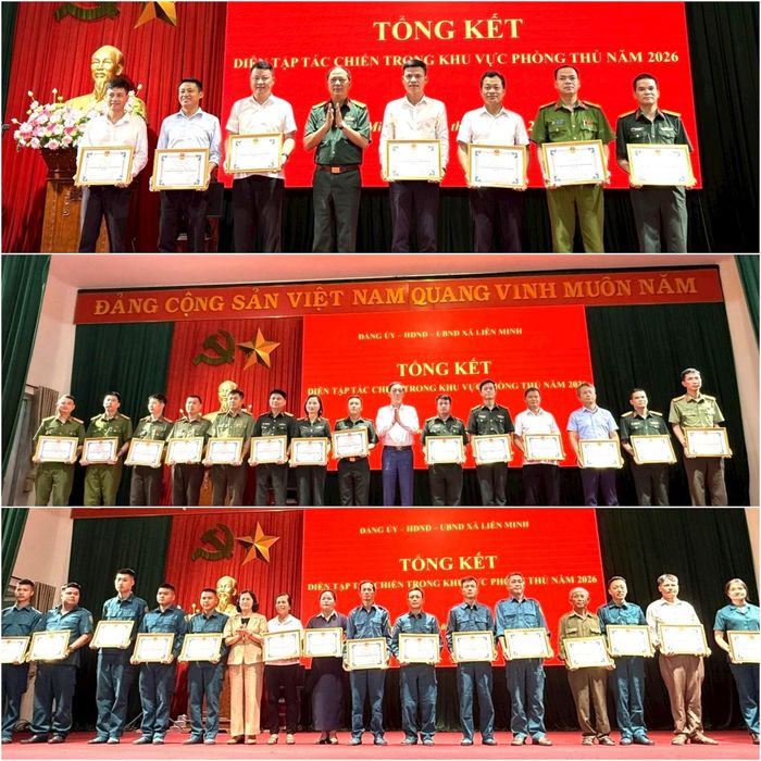 Các cá nhân, tập thể được khen thưởng trong cuộc diễn tập. Ảnh: Kiều Thoan Thu