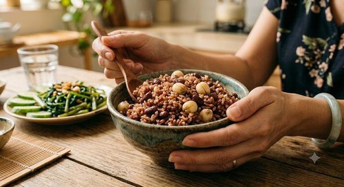 Nấu cơm gạo lứt cùng với các loại hạt đậu, hạt sen giúp làm giảm chỉ số đường huyết.