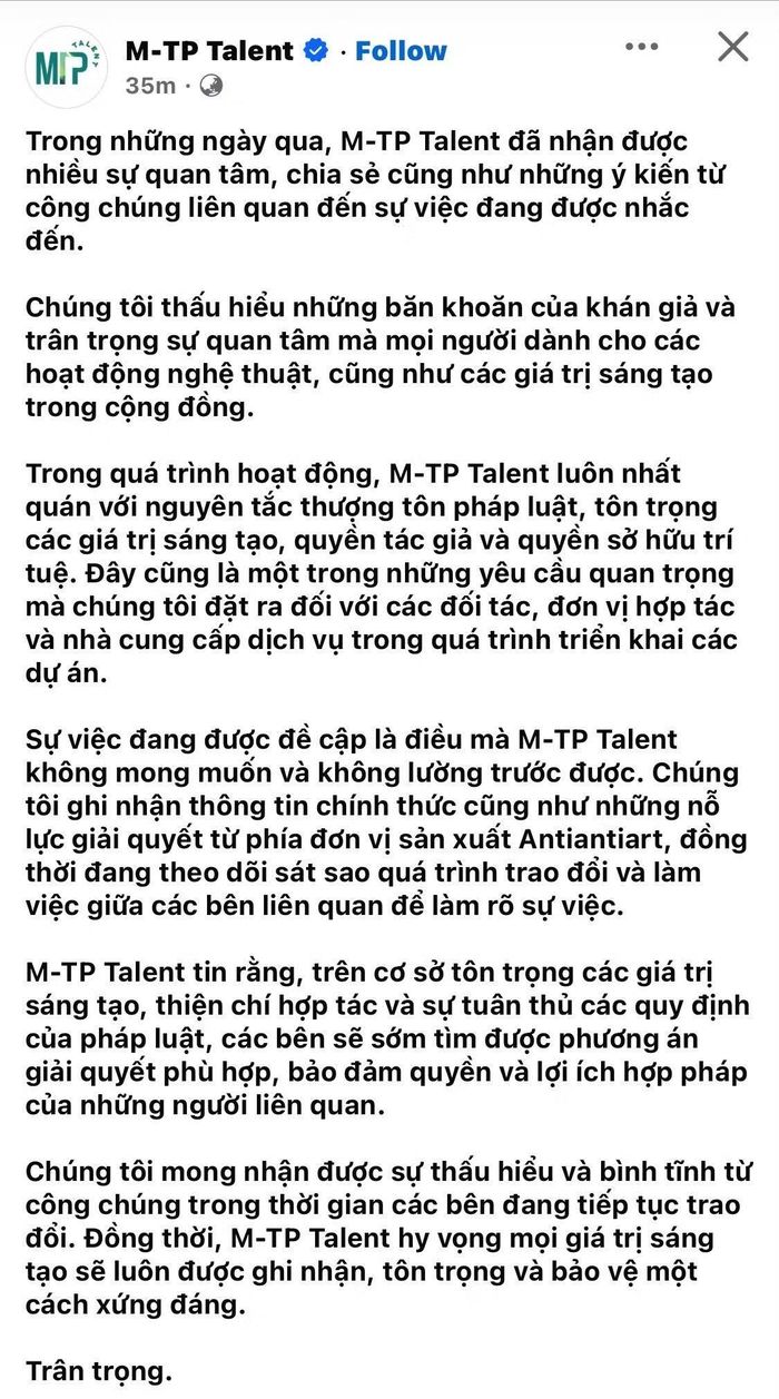 Thông cáo từ M-TP Talent.