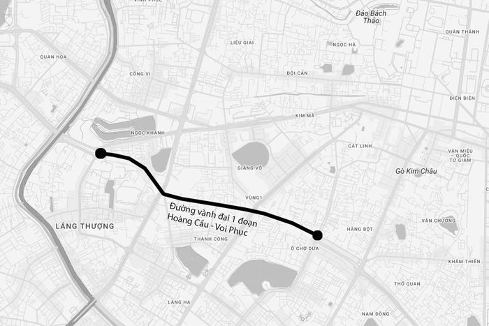  Đường vành đai 1 đoạn Hoàng Cầu - Voi Phục. Ảnh: Google Map - Đồ họa: Đinh Hà.