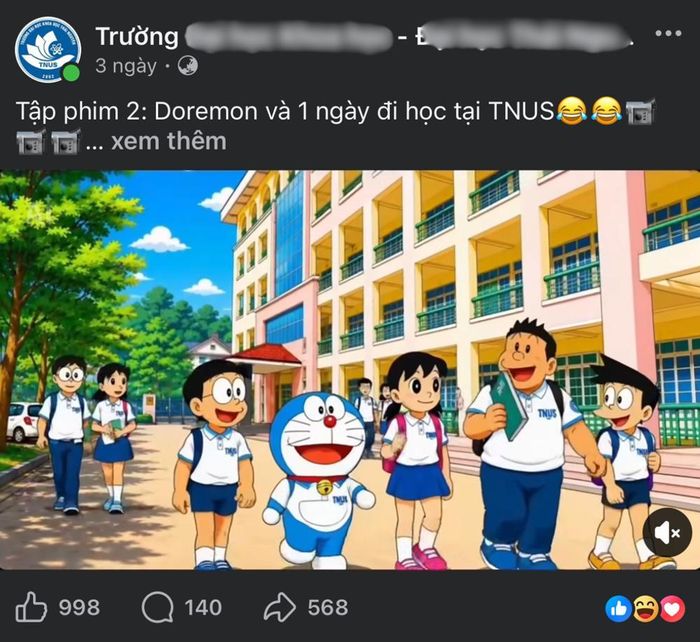 Video phong cách anime với bối cảnh trong khuôn viên nhà trường cùng những nhân vật quen thuộc như Doraemon, Nobita, Shizuka... được đăng tải lên Fanpage thu hút hàng trăm lượt thích và chia sẻ