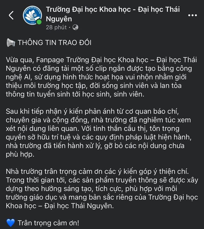 Fanpage đã gỡ bỏ và ghi nhận những đóng góp ý kiến từ cơ quan báo chí