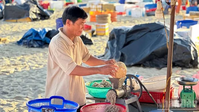 Đôi tay quen việc của ông Tâm (65 tuổi) bên chiếc máy xay chả cá đã gắn bó hơn 2 thập kỷ với nhịp sống mùa biển Tam Tiến.