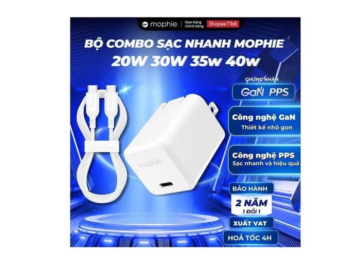 Nếu ưu tiên thương hiệu phụ kiện lâu năm, Mophie Essentials PD 20W là phương án hợp lý với bộ sản phẩm gồm củ sạc USB-C và cáp USB-C to Lightning, đáp ứng nhu cầu sạc nhanh hằng ngày cho người dùng iPhone với mức công suất 20W cùng chính sách bảo hành chính hãng lên tới 2 năm.