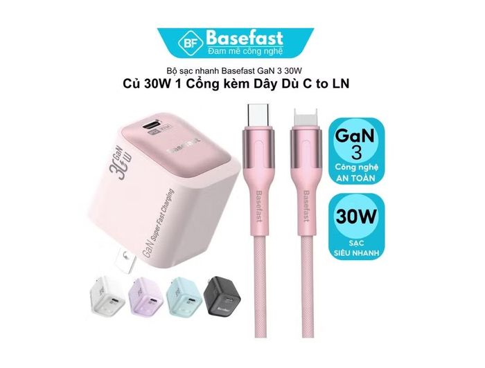 Trong phân khúc phổ thông, Basefast GaN3 30W nổi bật nhờ công nghệ GaN3 giúp thu gọn kích thước nhưng vẫn hỗ trợ công suất tối đa 30W, đi kèm cáp USB-C to Lightning bọc dù, tương thích tốt với nhiều thế hệ iPhone và hỗ trợ hàng loạt chuẩn sạc nhanh như PD, QC, AFC, FCP, SCP hay PPS.