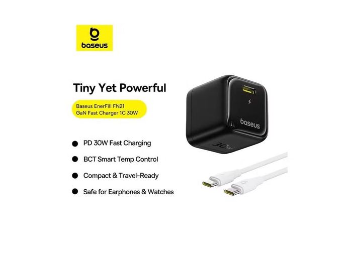 Đối với người dùng Android hoặc thiết bị USB-C đa nền tảng, Baseus EnerFill FN21 GaN 30W cũng là sản phẩm đáng cân nhắc khi được trang bị công nghệ kiểm soát nhiệt độ thông minh BCT, hỗ trợ sạc nhanh PD 30W và đi kèm cáp USB-C to USB-C giúp sử dụng ngay sau khi mở hộp.