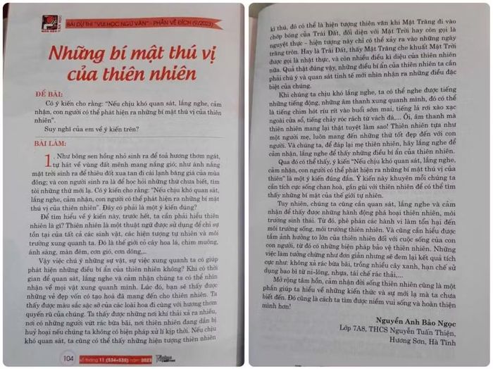 Bài văn của Bảo Ngọc được đăng trên tạp chí Văn học tuổi trẻ.