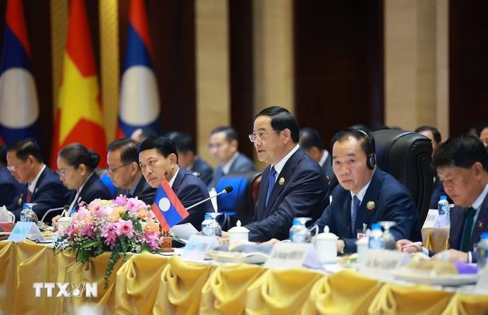 Thủ tướng Lào Sonexay Siphandone phát biểu tại Kỳ họp lần thứ 48 Ủy ban liên Chính phủ về hợp tác song phương Việt Nam-Lào. (Ảnh: Dương Giang/TTXVN)