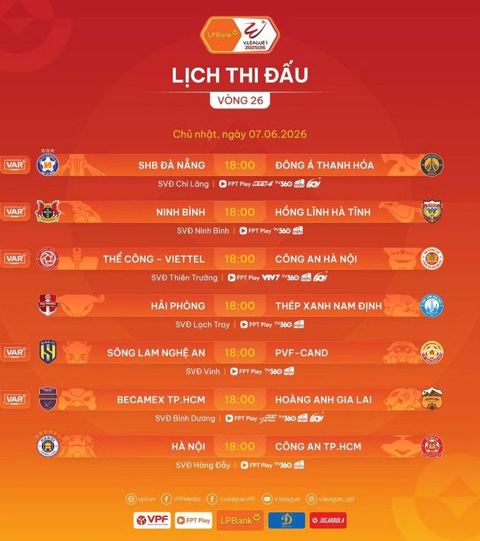 Lịch thi đấu vòng 26 Giải Vô địch Quốc gia V-League 2025/26. (Ảnh: VPF)