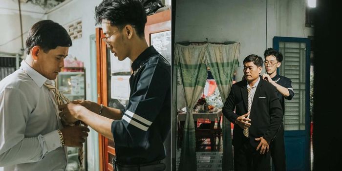 Đức giúp cha chỉnh trang quần áo trước giờ đi đón dâu