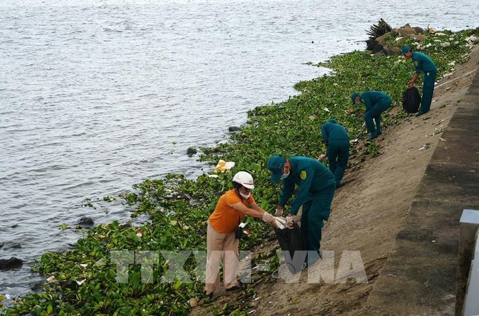 Các đại biểu ra quân thực hiện quét dọn, thu gom rác thải tại khu vực bờ biển, công viên Tôn Đức Thắng trên địa bàn phường. Ảnh: Lê Huy Hải - TTXVN