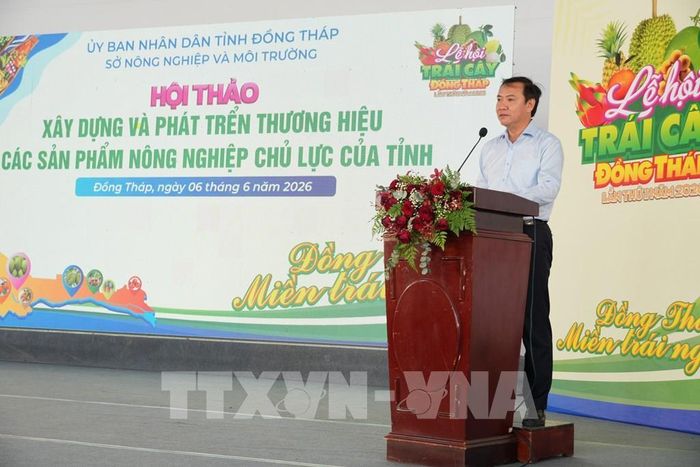 Giám đốc Sở Nông nghiệp và Môi trường Đồng Tháp Lê Hà Luân phát biểu tại Hội thảo. Ảnh: Công Trí-TTXVN