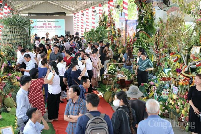 Du khách chen chân chiêm ngưỡng các tác phẩm nghệ thuật đặc sắc được tạo hình kỳ công từ nông sản.