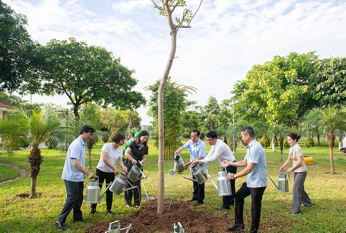  Phó Chủ tịch HĐND tỉnh Nghiêm Xuân Hưởng cùng lãnh đạo phường Võ Cường trồng cây hưởng ứng ngày môi trường. 