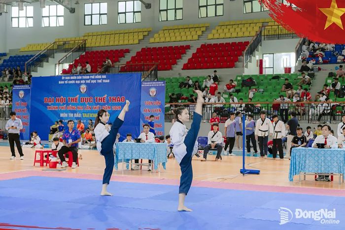 Các vận động viên thi đấu nội dung biểu diễn quyền đôi nữ. Ảnh: BTC