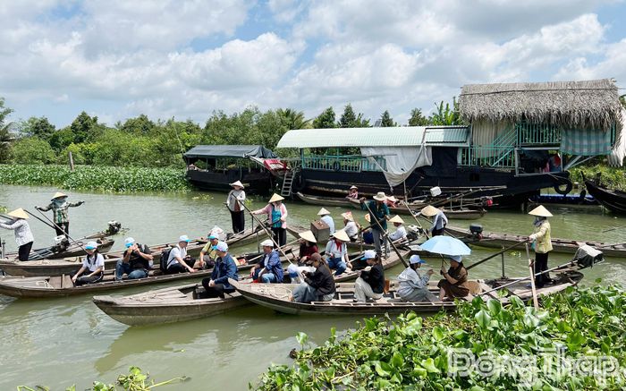 Đoàn famtrip trải nghiệm đi đò chèo tại cù lao Tân Phong.