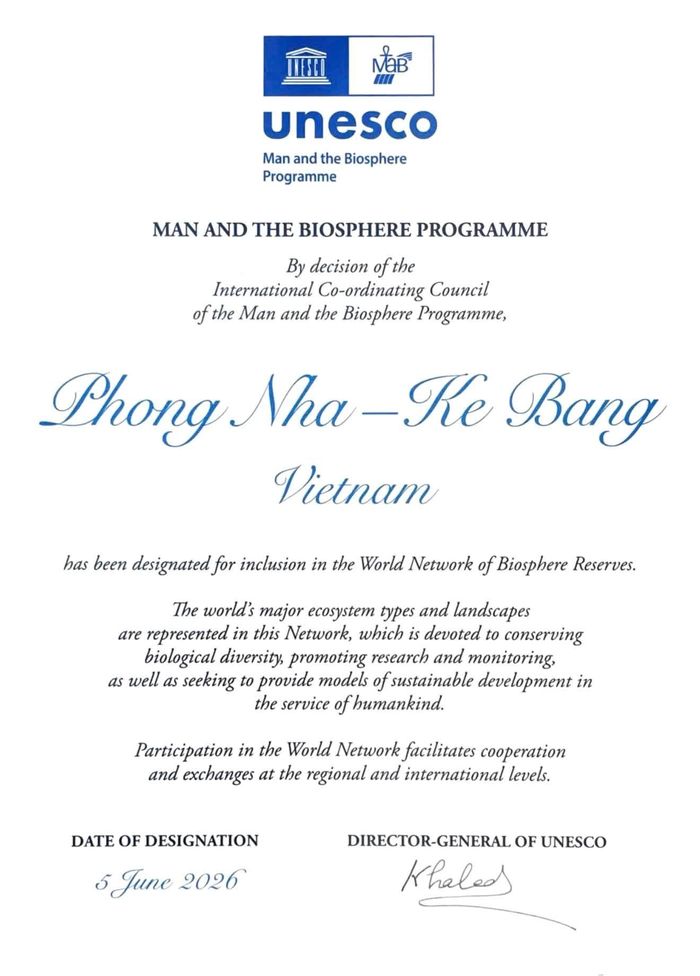 UNESCO công nhận Phong Nha-Kẻ Bàng là Khu Dự trữ sinh quyển thế giới - Ảnh: T.Đ