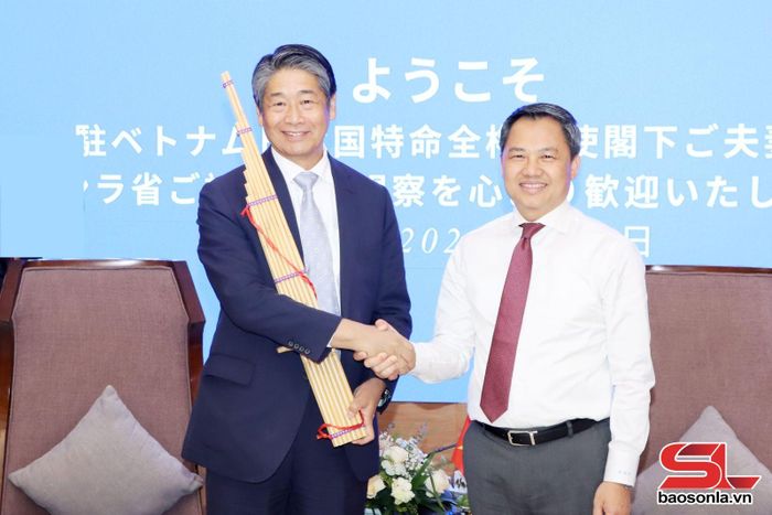 Đồng chí Chủ tịch UBND tỉnh tặng quà cho Đại sứ đặc mệnh toàn quyền Nhật Bản tại Việt Nam.