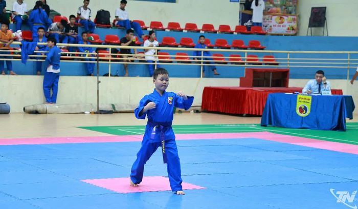 Vận động viên thực hiện bài thi tại Nhà thi đấu thể dục thể thao tỉnh Thái Nguyên.