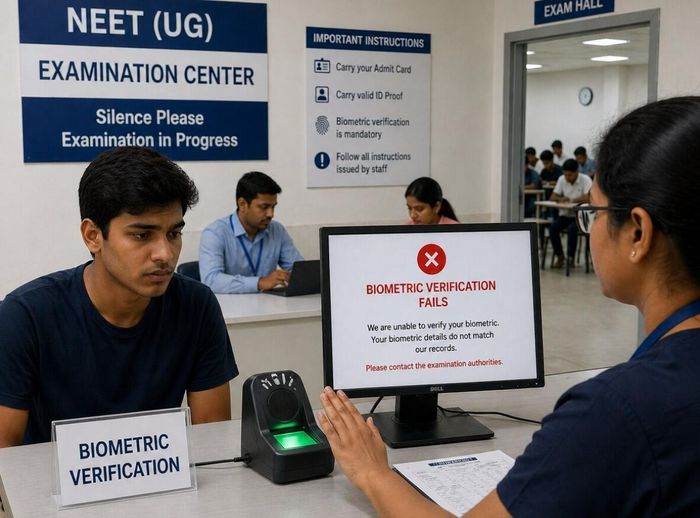 Hệ thống xác thực sinh trắc học được sử dụng trong các kỳ thi tuyển sinh quy mô lớn tại Ấn Độ nhằm ngăn chặn tình trạng giả mạo danh tính và thi hộ. Ảnh minh họa: AI/Hindustan