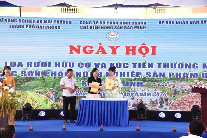 Đại diện các doanh nghiệp ký kết hợp tác tiêu thụ sản phẩm lúa rươi hữu cơ, sản phẩm OCOP của xã Chí Minh. Ảnh: Mekong ASEAN.