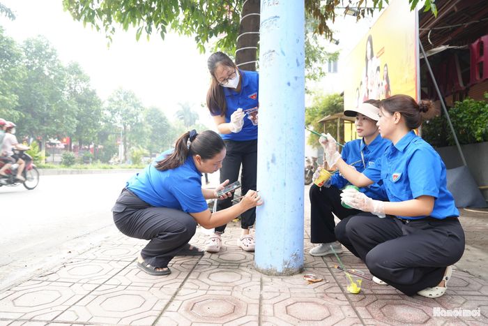 Đoàn viên thanh niên vẽ tranh tại các cột điện. Ảnh: Mai Quý