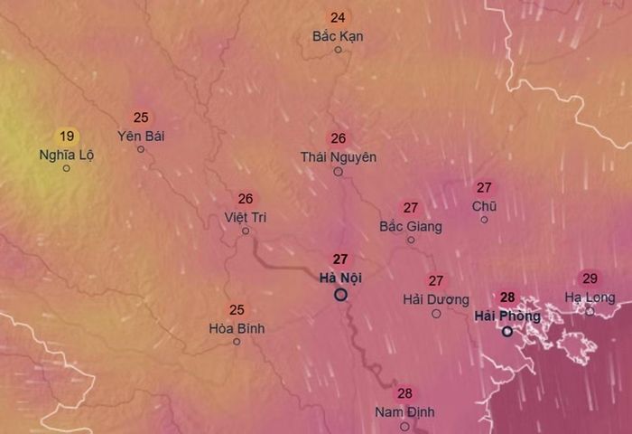 Dự báo nhiệt độ thực ở một số khu vực tại miền Bắc chiều 9/6, khi đã có không khí lạnh về. Ảnh: Ventusky, ICON.