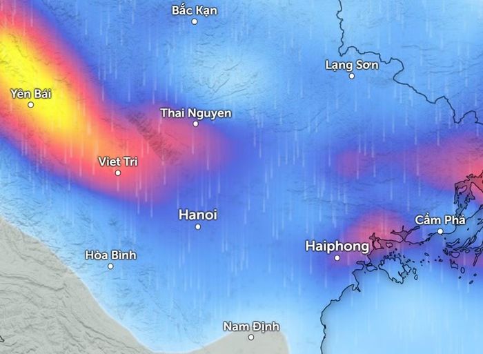 Dự báo mưa ở một số khu vực tại miền Bắc vào tối đến đêm mai, 8/6 (màu xanh da trời là mưa nhỏ đến vừa, màu đỏ là mưa vừa đến mưa to, màu vàng là mưa rất to). Ảnh: Zoom Earth, OpenStreetMap, ICON.