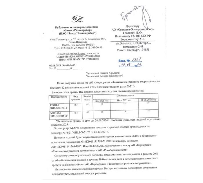 Theo tài liệu vừa được đăng tải, trong giai đoạn 2023 - 2024, vì lợi ích của khách hàng nước ngoài mã số K-10 (Iran), Công ty chế tạo máy Iskra của Nga đã đệ trình yêu cầu lên doanh nghiệp nhà nước liên bang Nhà máy Thuốc súng Perm (PPZ) một hợp đồng đặc biệt.