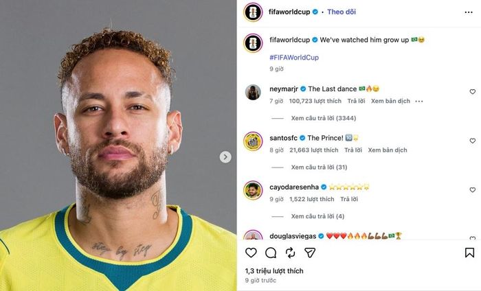 Lời xác nhận chia tay của Neymar trên trang Instagram FIFA World Cup.