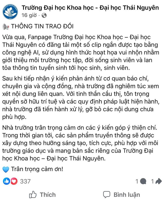 Thông tin trao đổi từ fanpage nhà trường sau khi có phản ánh dùng hình ảnh có dấu hiệu xâm phạm sở hữu trí tuệ